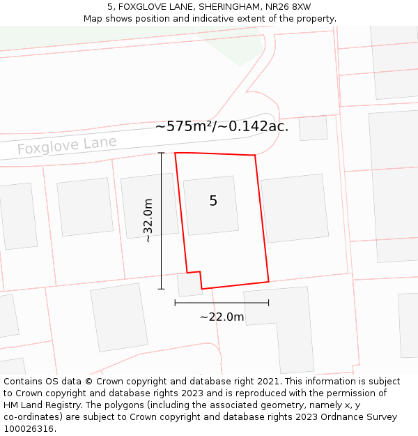 5, FOXGLOVE LANE, SHERINGHAM, NR26 8XW: Plot and title map