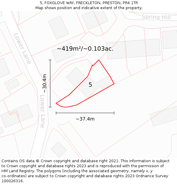 5, FOXGLOVE WAY, FRECKLETON, PRESTON, PR4 1TR: Plot and title map