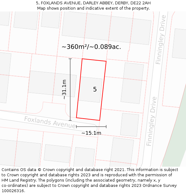 5, FOXLANDS AVENUE, DARLEY ABBEY, DERBY, DE22 2AH: Plot and title map