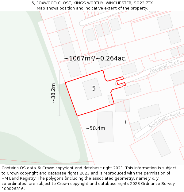 5, FOXWOOD CLOSE, KINGS WORTHY, WINCHESTER, SO23 7TX: Plot and title map