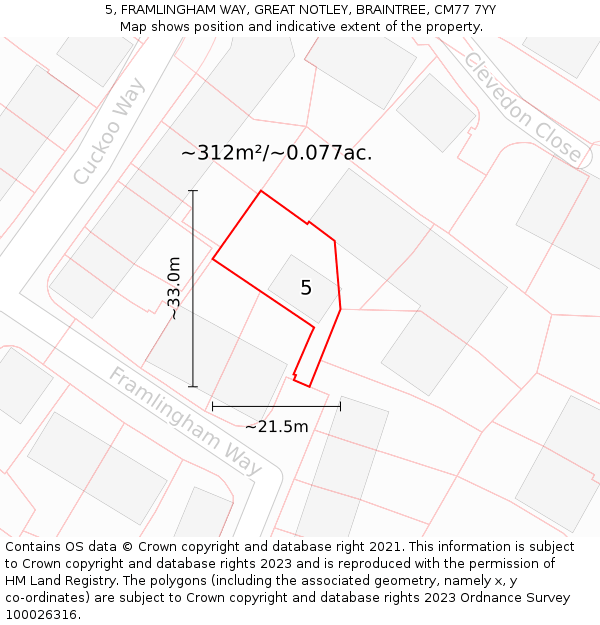 5, FRAMLINGHAM WAY, GREAT NOTLEY, BRAINTREE, CM77 7YY: Plot and title map