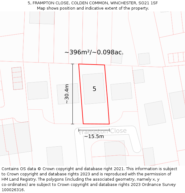 5, FRAMPTON CLOSE, COLDEN COMMON, WINCHESTER, SO21 1SF: Plot and title map