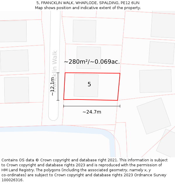 5, FRANCKLIN WALK, WHAPLODE, SPALDING, PE12 6UN: Plot and title map