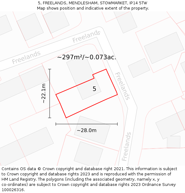 5, FREELANDS, MENDLESHAM, STOWMARKET, IP14 5TW: Plot and title map