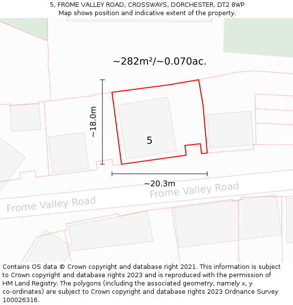 5, FROME VALLEY ROAD, CROSSWAYS, DORCHESTER, DT2 8WP: Plot and title map