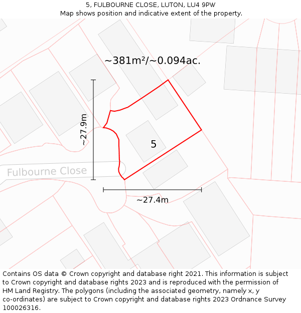 5, FULBOURNE CLOSE, LUTON, LU4 9PW: Plot and title map