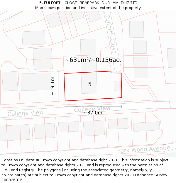 5, FULFORTH CLOSE, BEARPARK, DURHAM, DH7 7TD: Plot and title map