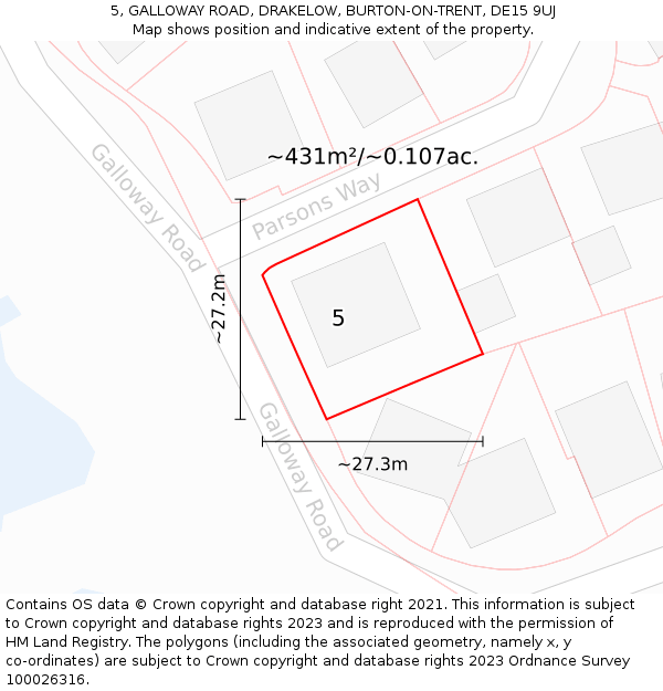 5, GALLOWAY ROAD, DRAKELOW, BURTON-ON-TRENT, DE15 9UJ: Plot and title map