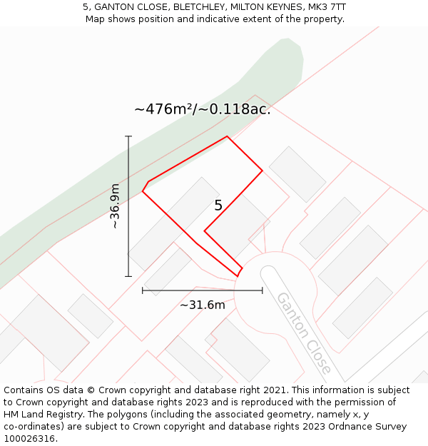 5, GANTON CLOSE, BLETCHLEY, MILTON KEYNES, MK3 7TT: Plot and title map