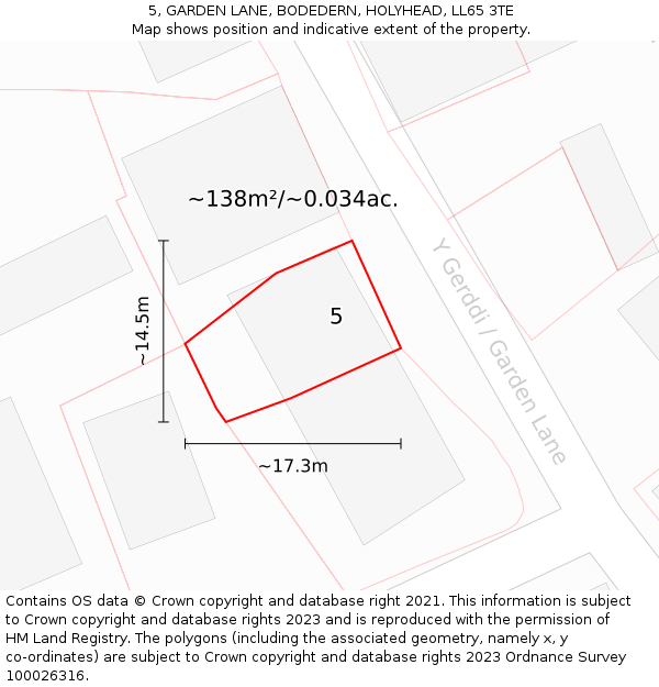 5, GARDEN LANE, BODEDERN, HOLYHEAD, LL65 3TE: Plot and title map