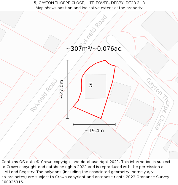 5, GAYTON THORPE CLOSE, LITTLEOVER, DERBY, DE23 3HR: Plot and title map
