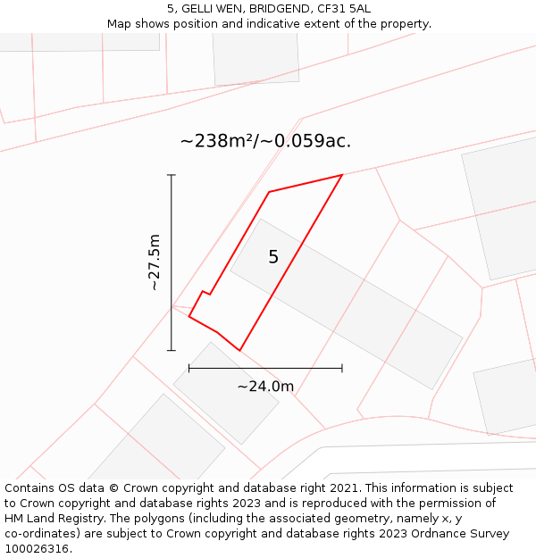 5, GELLI WEN, BRIDGEND, CF31 5AL: Plot and title map