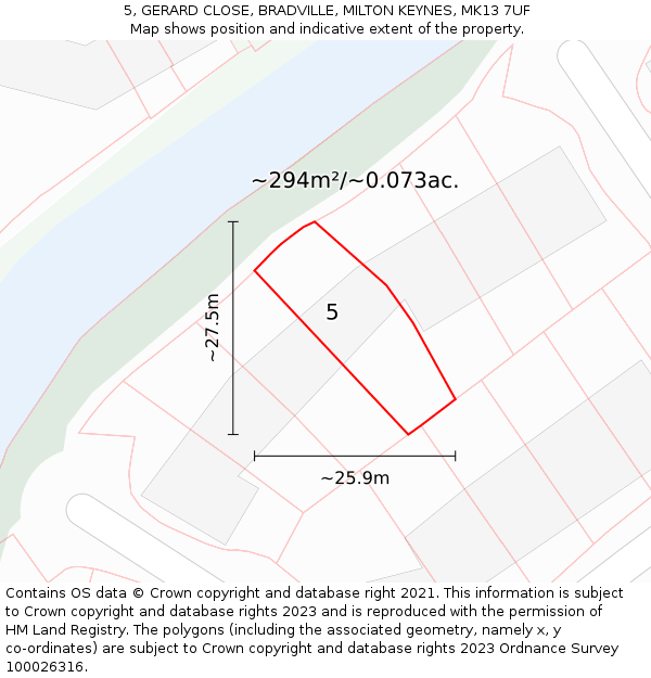5, GERARD CLOSE, BRADVILLE, MILTON KEYNES, MK13 7UF: Plot and title map