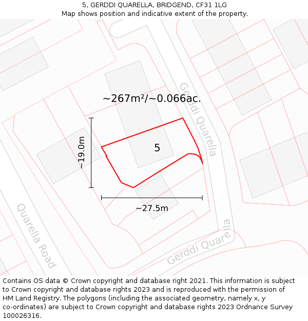 5, GERDDI QUARELLA, BRIDGEND, CF31 1LG: Plot and title map