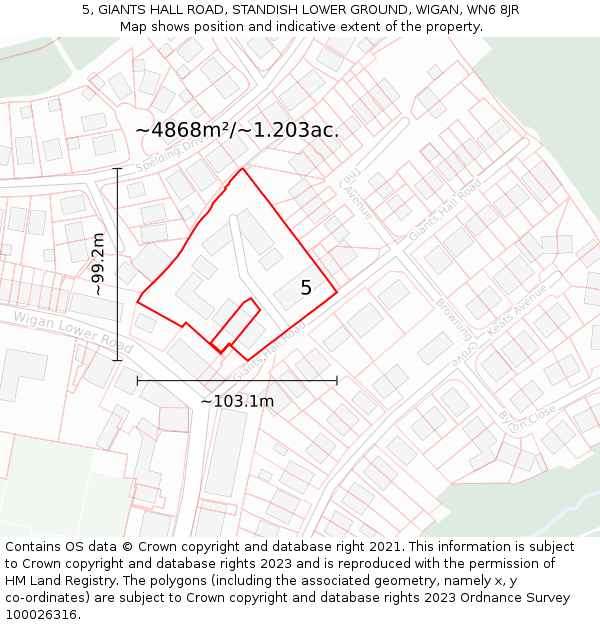 5, GIANTS HALL ROAD, STANDISH LOWER GROUND, WIGAN, WN6 8JR: Plot and title map