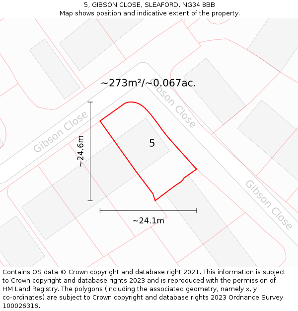 5, GIBSON CLOSE, SLEAFORD, NG34 8BB: Plot and title map