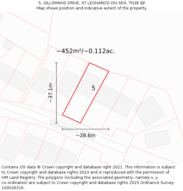5, GILLSMANS DRIVE, ST LEONARDS-ON-SEA, TN38 9JF: Plot and title map