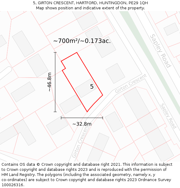 5, GIRTON CRESCENT, HARTFORD, HUNTINGDON, PE29 1QH: Plot and title map