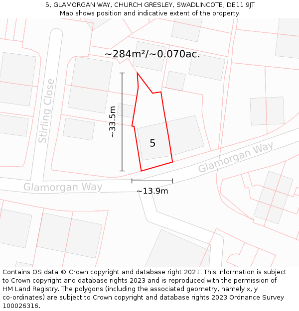 5, GLAMORGAN WAY, CHURCH GRESLEY, SWADLINCOTE, DE11 9JT: Plot and title map