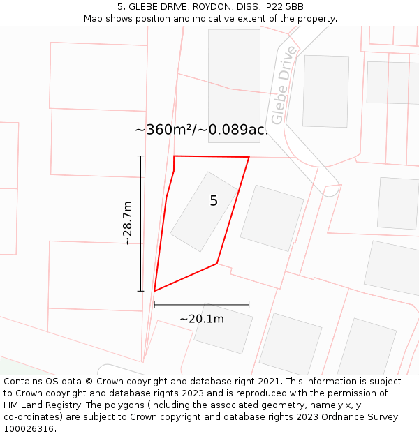 5, GLEBE DRIVE, ROYDON, DISS, IP22 5BB: Plot and title map