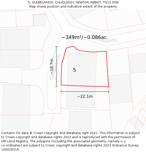 5, GLEBELANDS, CHUDLEIGH, NEWTON ABBOT, TQ13 0GB: Plot and title map