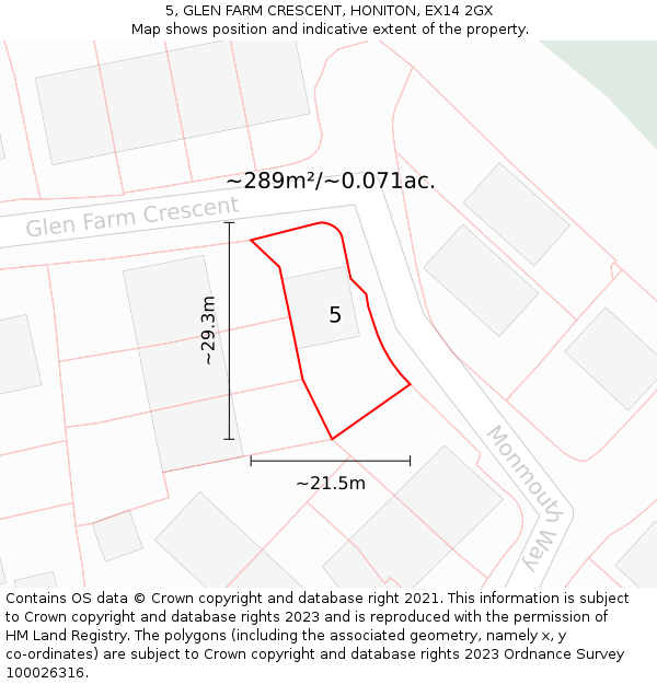5, GLEN FARM CRESCENT, HONITON, EX14 2GX: Plot and title map