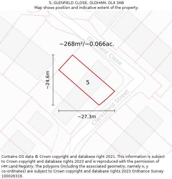 5, GLENFIELD CLOSE, OLDHAM, OL4 3AB: Plot and title map