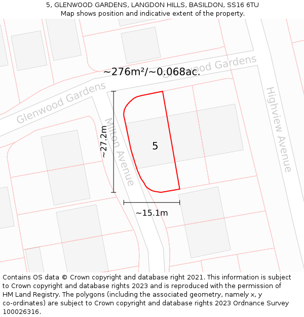 5, GLENWOOD GARDENS, LANGDON HILLS, BASILDON, SS16 6TU: Plot and title map