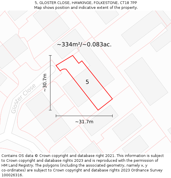 5, GLOSTER CLOSE, HAWKINGE, FOLKESTONE, CT18 7PP: Plot and title map