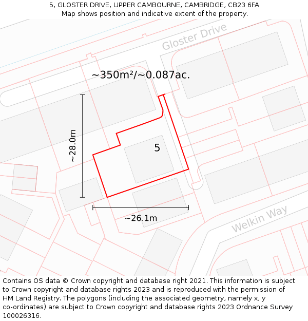 5, GLOSTER DRIVE, UPPER CAMBOURNE, CAMBRIDGE, CB23 6FA: Plot and title map