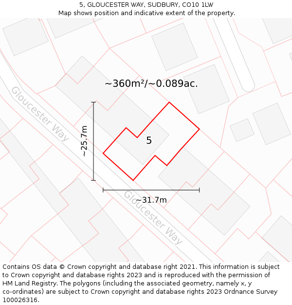 5, GLOUCESTER WAY, SUDBURY, CO10 1LW: Plot and title map