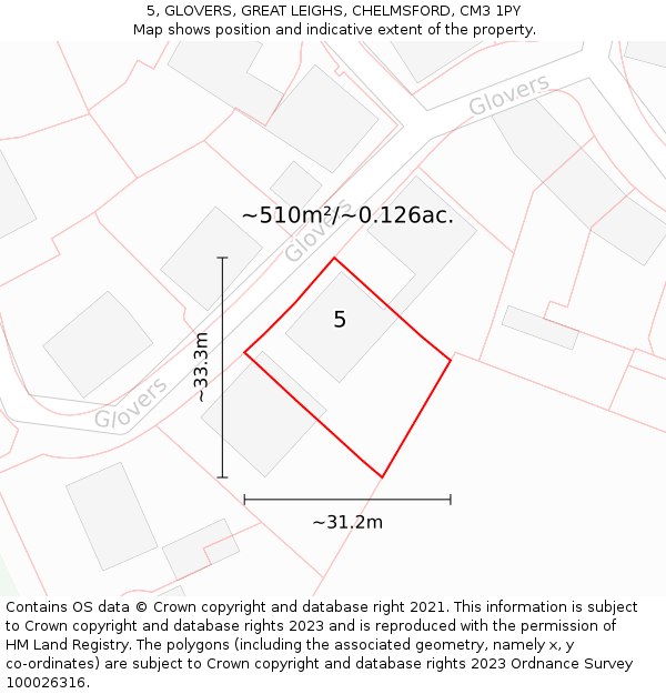 5, GLOVERS, GREAT LEIGHS, CHELMSFORD, CM3 1PY: Plot and title map
