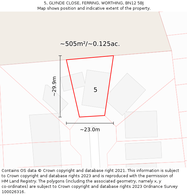 5, GLYNDE CLOSE, FERRING, WORTHING, BN12 5BJ: Plot and title map