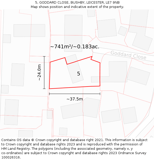 5, GODDARD CLOSE, BUSHBY, LEICESTER, LE7 9NB: Plot and title map