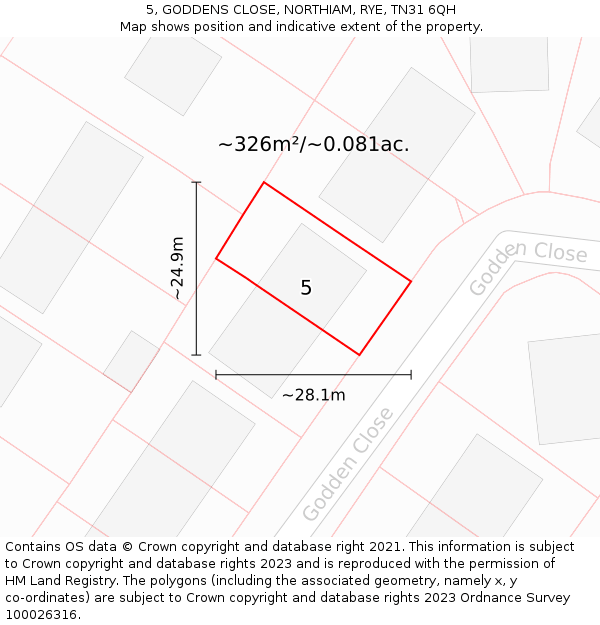 5, GODDENS CLOSE, NORTHIAM, RYE, TN31 6QH: Plot and title map