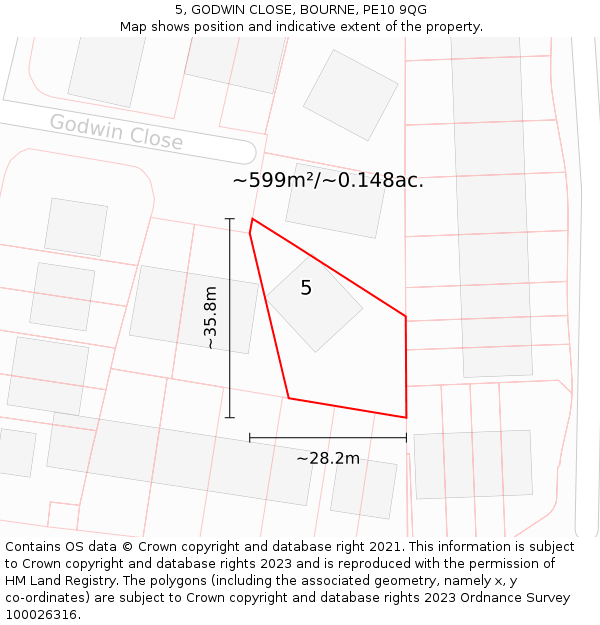 5, GODWIN CLOSE, BOURNE, PE10 9QG: Plot and title map