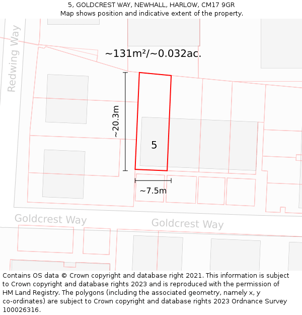 5, GOLDCREST WAY, NEWHALL, HARLOW, CM17 9GR: Plot and title map