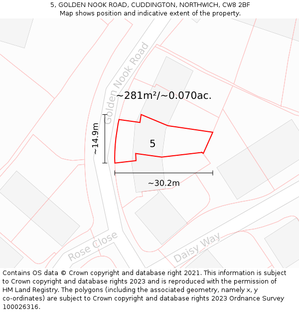 5, GOLDEN NOOK ROAD, CUDDINGTON, NORTHWICH, CW8 2BF: Plot and title map