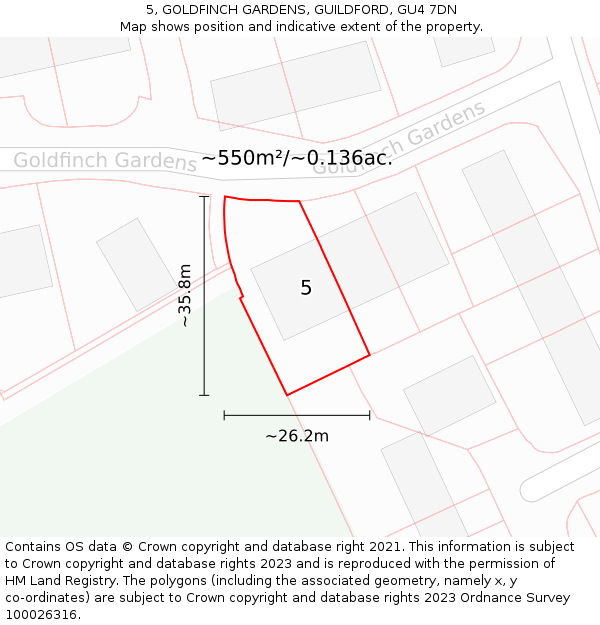 5, GOLDFINCH GARDENS, GUILDFORD, GU4 7DN: Plot and title map