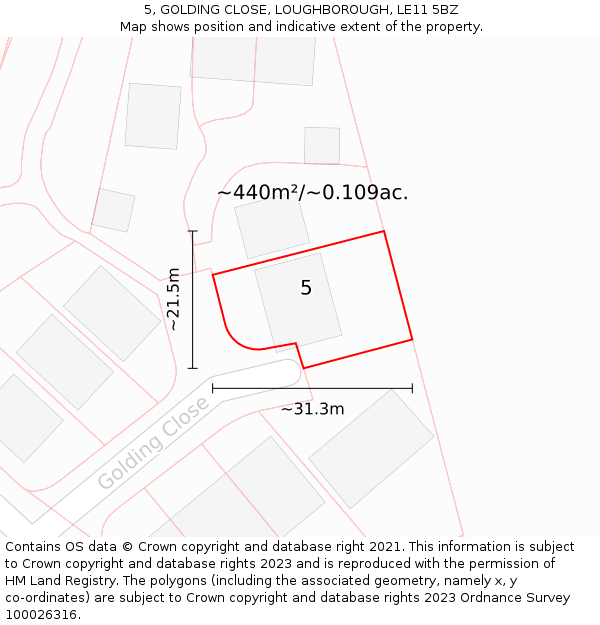 5, GOLDING CLOSE, LOUGHBOROUGH, LE11 5BZ: Plot and title map