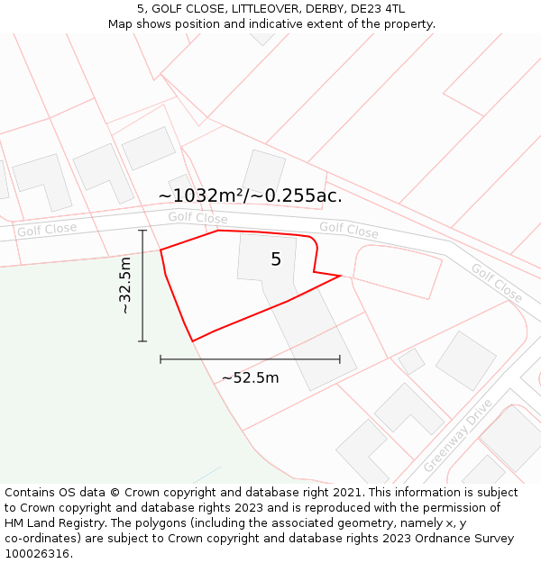 5, GOLF CLOSE, LITTLEOVER, DERBY, DE23 4TL: Plot and title map