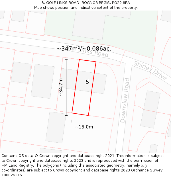 5, GOLF LINKS ROAD, BOGNOR REGIS, PO22 8EA: Plot and title map