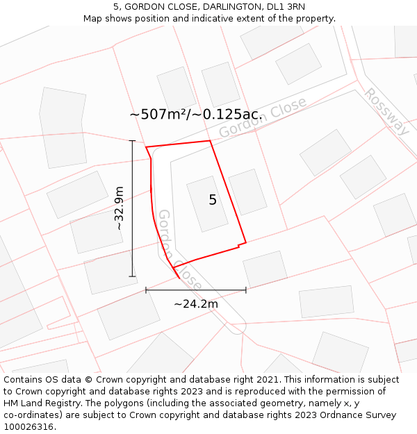 5, GORDON CLOSE, DARLINGTON, DL1 3RN: Plot and title map