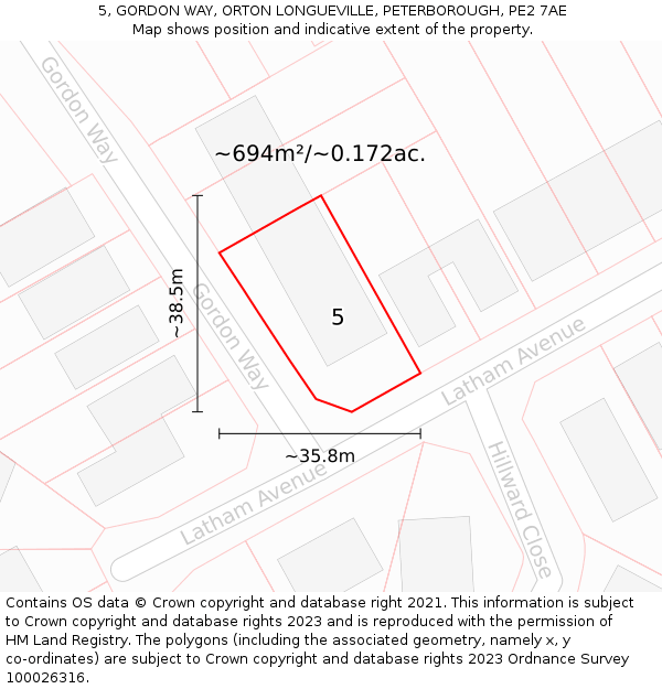 5, GORDON WAY, ORTON LONGUEVILLE, PETERBOROUGH, PE2 7AE: Plot and title map