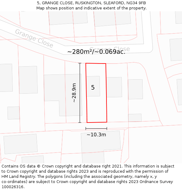 5, GRANGE CLOSE, RUSKINGTON, SLEAFORD, NG34 9FB: Plot and title map