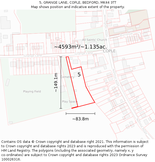 5, GRANGE LANE, COPLE, BEDFORD, MK44 3TT: Plot and title map