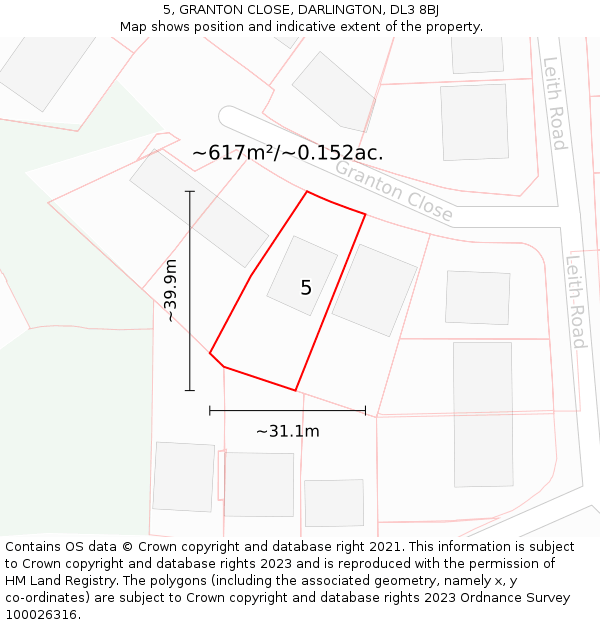 5, GRANTON CLOSE, DARLINGTON, DL3 8BJ: Plot and title map
