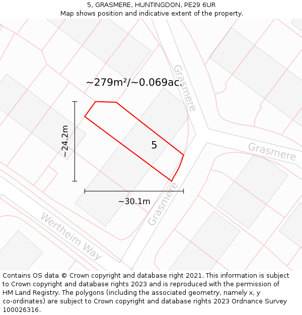 5, GRASMERE, HUNTINGDON, PE29 6UR: Plot and title map