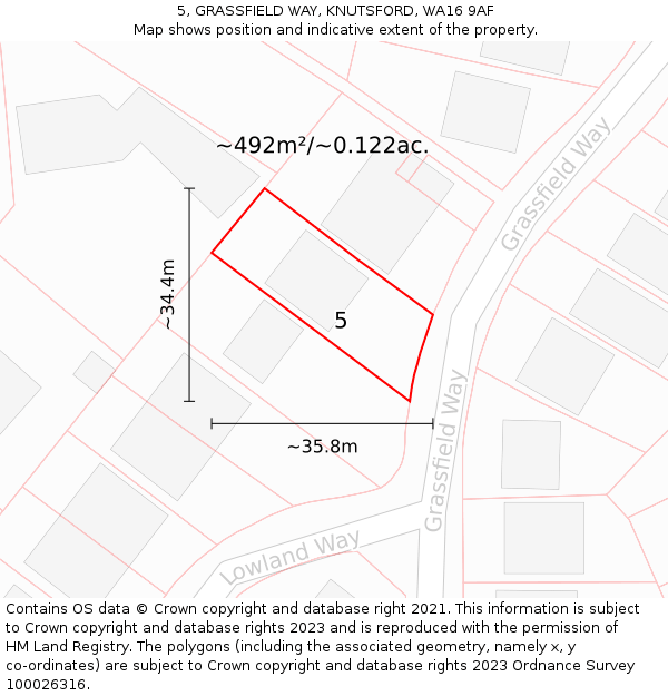 5, GRASSFIELD WAY, KNUTSFORD, WA16 9AF: Plot and title map