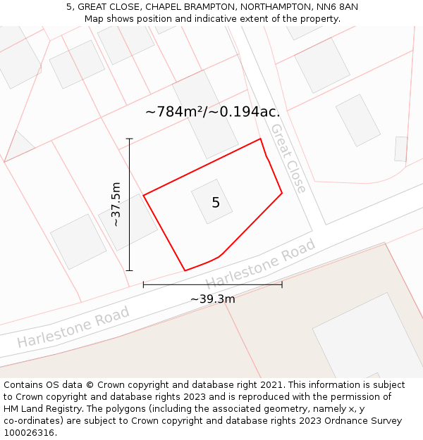 5, GREAT CLOSE, CHAPEL BRAMPTON, NORTHAMPTON, NN6 8AN: Plot and title map